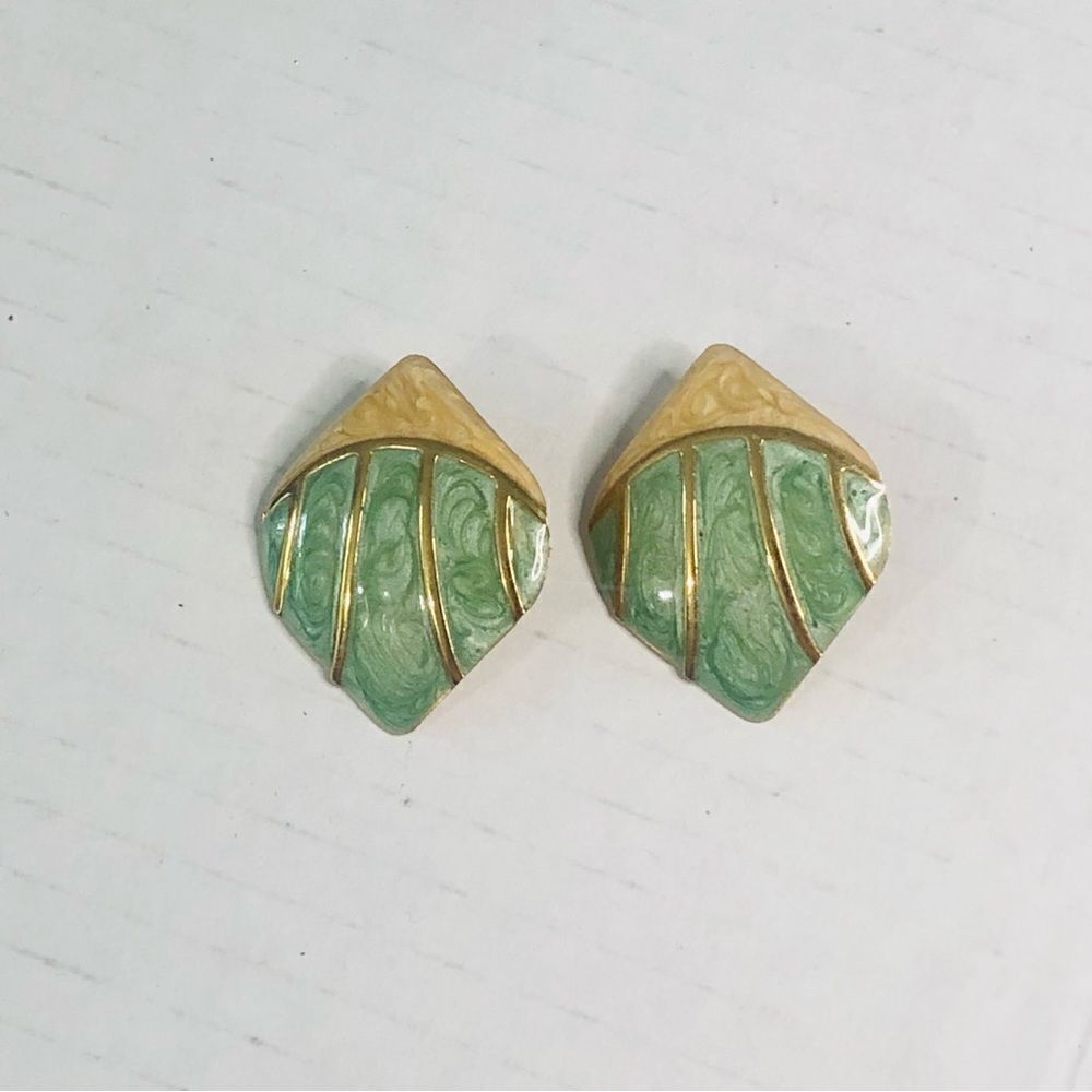 vintage 80’s Green Gold And Cream Color Enamel large pierced earrings no backs